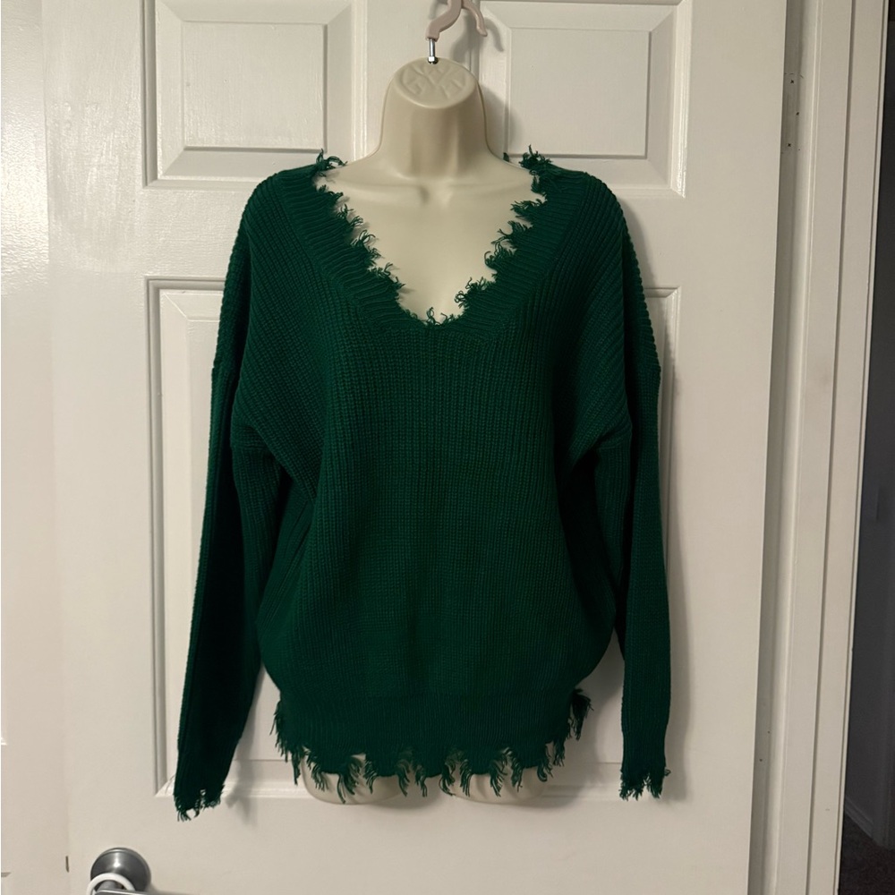 Green Frayed V-Neck Sweater